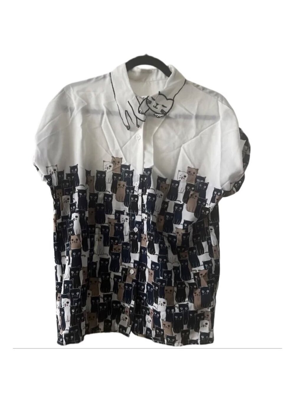 Cat Print Short Sleeve Button Shirt One Size